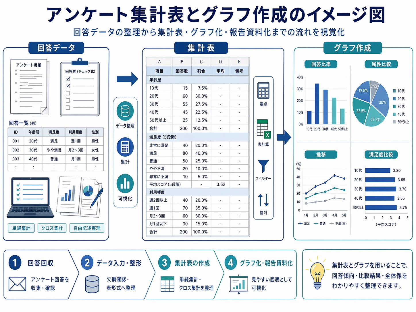 アンケート集計表とグラフ作成のイメージ