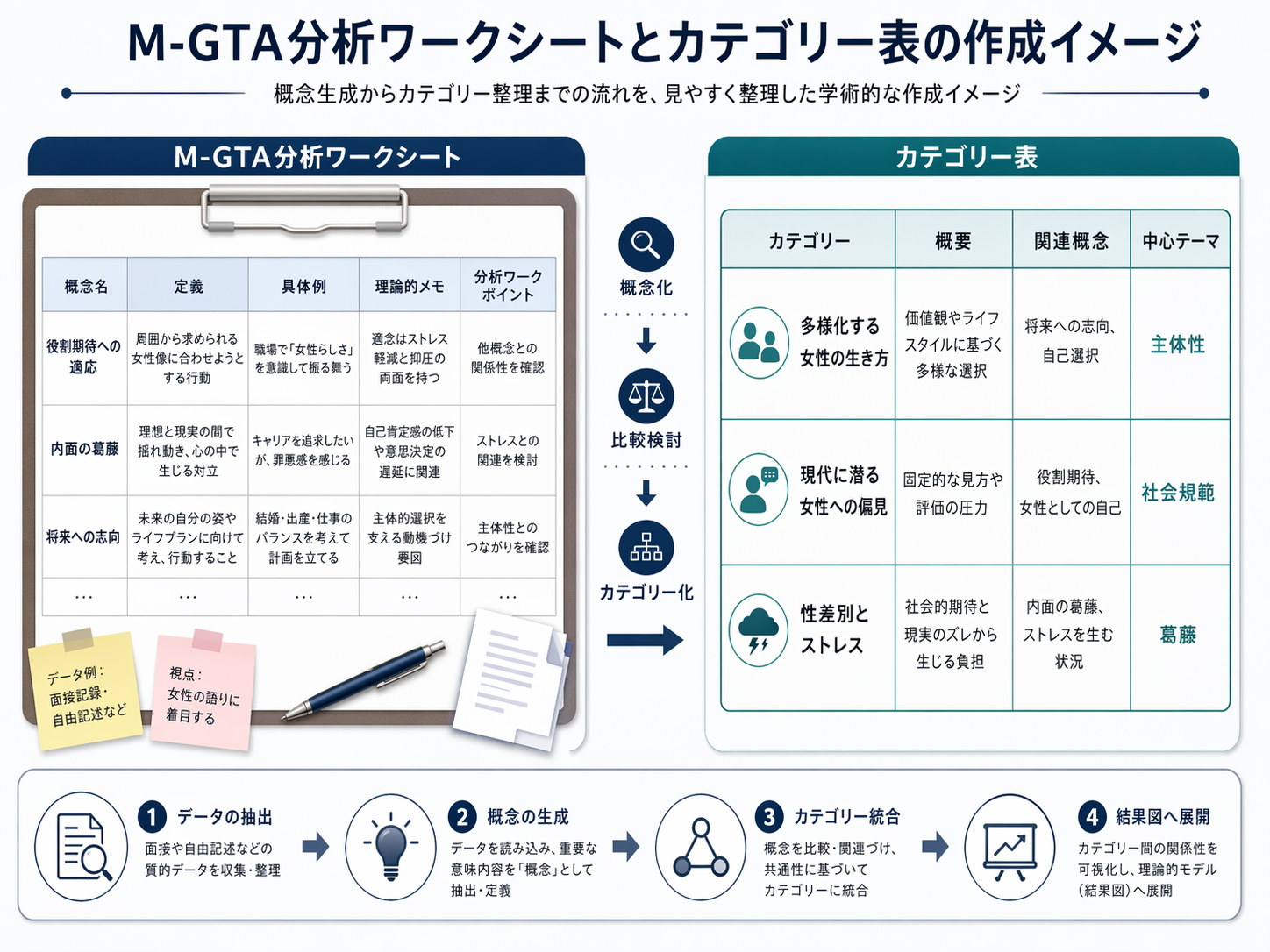 M-GTA分析ワークシートとカテゴリー表の作成イメージ